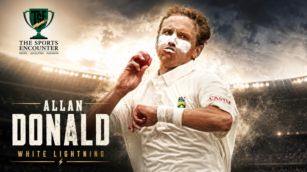 Allan Donald holds the red ball in a powerful VFX cricket poster celebrating the South African fast bowler’s raw speed and “White Lightning” legacy.