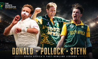 Allan Donald, Shaun Pollock, and Dale Steyn celebrate wickets together in a dramatic South African cricket poster highlighting pace, control, and destruction.