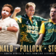 Allan Donald, Shaun Pollock, and Dale Steyn celebrate wickets together in a dramatic South African cricket poster highlighting pace, control, and destruction.