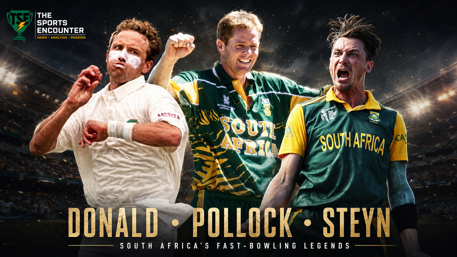 Allan Donald, Shaun Pollock, and Dale Steyn celebrate wickets together in a dramatic South African cricket poster highlighting pace, control, and destruction.