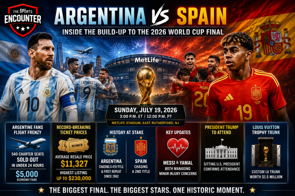 Lionel Messi and Lamine Yamal headline the Argentina vs. Spain 2026 World Cup final preview, with MetLife Stadium, the trophy, ticket prices, travel demand, injury updates, and The Sports Encounter logo.