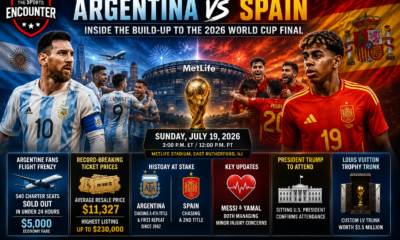 Lionel Messi and Lamine Yamal headline the Argentina vs. Spain 2026 World Cup final preview, with MetLife Stadium, the trophy, ticket prices, travel demand, injury updates, and The Sports Encounter logo.