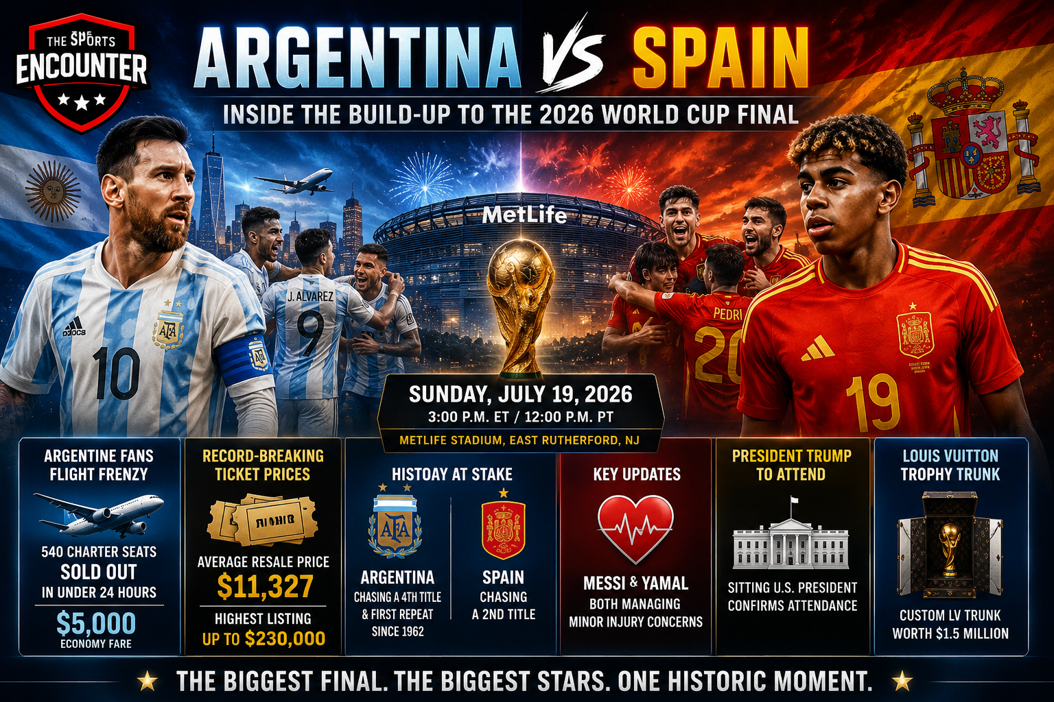 Lionel Messi and Lamine Yamal headline the Argentina vs. Spain 2026 World Cup final preview, with MetLife Stadium, the trophy, ticket prices, travel demand, injury updates, and The Sports Encounter logo.