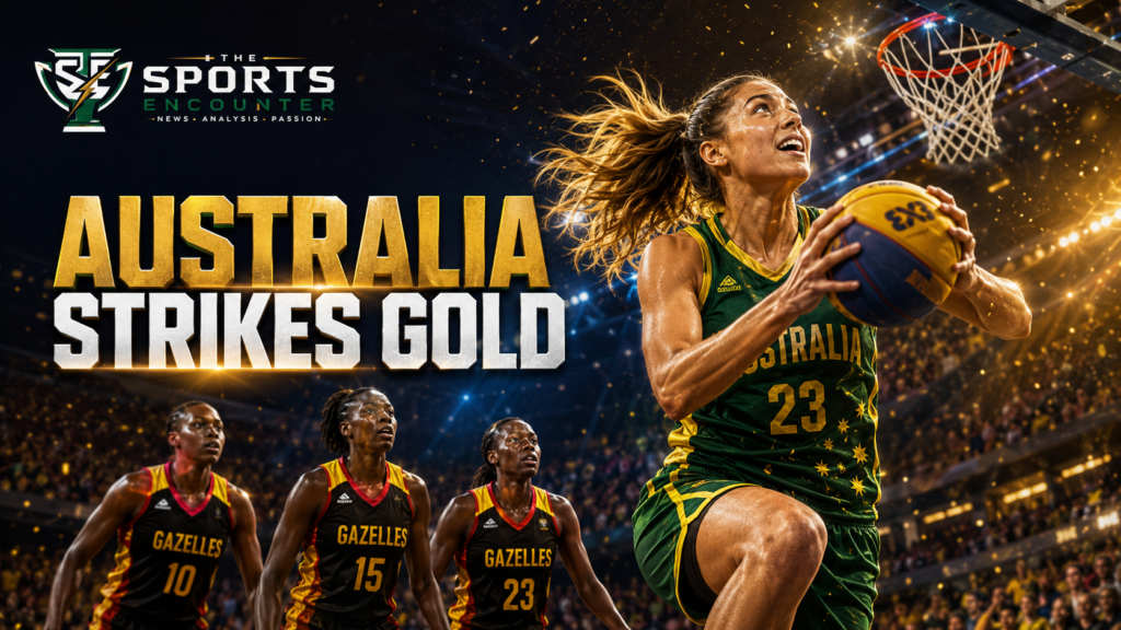 Australian women’s 3x3 basketball player drives toward the hoop as Uganda’s Gazelles look on during Australia’s 21-11 Glasgow 2026 gold-medal victory.