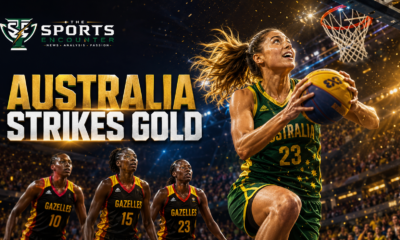 Australian women’s 3x3 basketball player drives toward the hoop as Uganda’s Gazelles look on during Australia’s 21-11 Glasgow 2026 gold-medal victory.