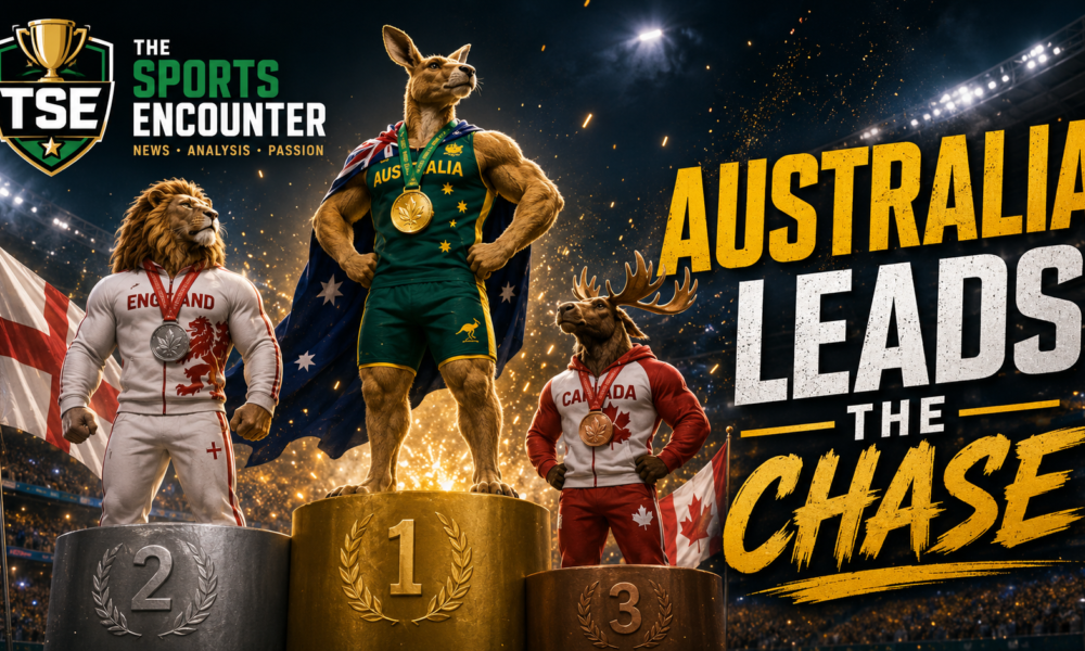 VFX cinematic featured image showing Australia standing on top of the Commonwealth Games podium, with England second and Canada third, under stadium lights with The Sports Encounter logo and the headline “Australia Leads the Chase.”