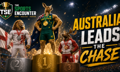 VFX cinematic featured image showing Australia standing on top of the Commonwealth Games podium, with England second and Canada third, under stadium lights with The Sports Encounter logo and the headline “Australia Leads the Chase.”