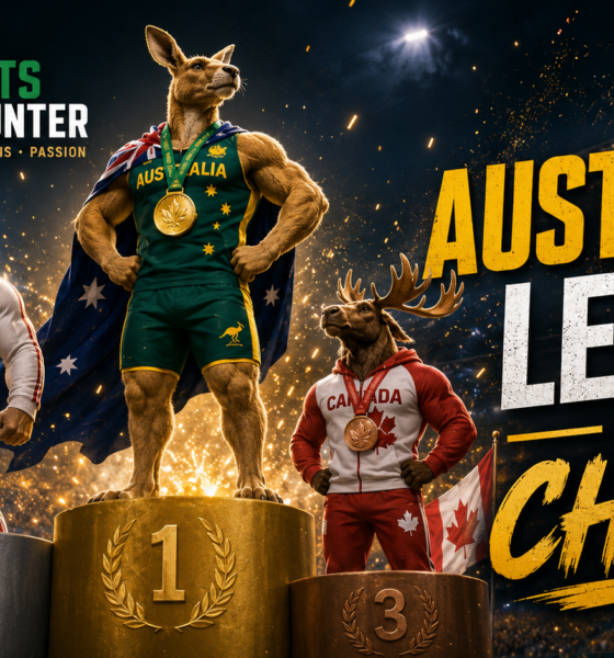 VFX cinematic featured image showing Australia standing on top of the Commonwealth Games podium, with England second and Canada third, under stadium lights with The Sports Encounter logo and the headline “Australia Leads the Chase.”