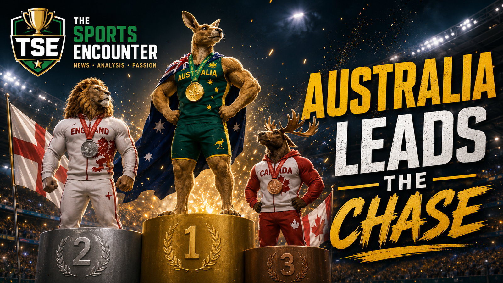VFX cinematic featured image showing Australia standing on top of the Commonwealth Games podium, with England second and Canada third, under stadium lights with The Sports Encounter logo and the headline “Australia Leads the Chase.”