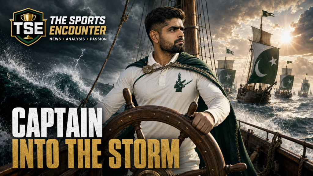 Babar Azam portrayed as a determined captain steering Pakistan’s cricket fleet through turbulent waters, with the words “Captain Into the Storm” and The Sports Encounter logo.