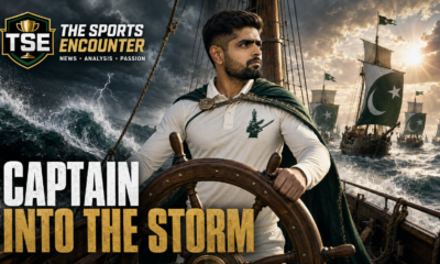 Babar Azam portrayed as a determined captain steering Pakistan’s cricket fleet through turbulent waters, with the words “Captain Into the Storm” and The Sports Encounter logo.