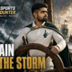 Babar Azam portrayed as a determined captain steering Pakistan’s cricket fleet through turbulent waters, with the words “Captain Into the Storm” and The Sports Encounter logo.