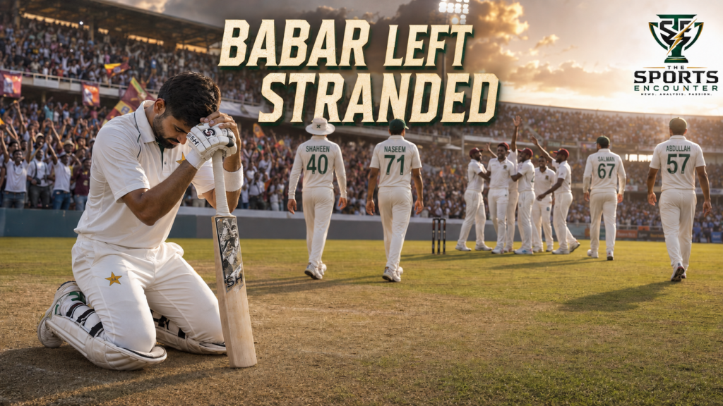Dejected Babar Azam kneels beside his bat as Pakistan’s players walk away and West Indies celebrate their first Test victory with jubilant home fans.