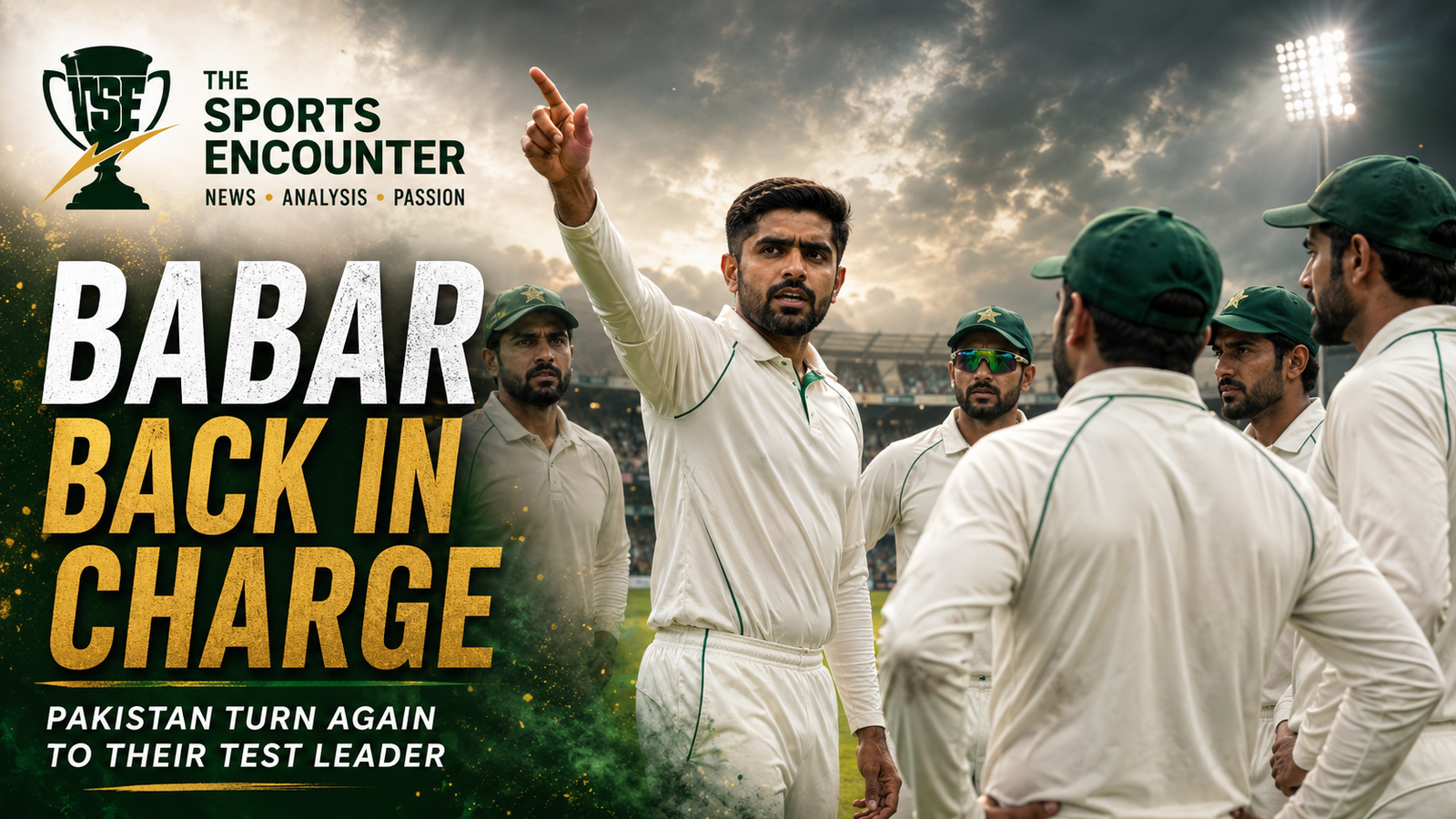 Babar Azam directs Pakistan teammates on the field in a Test cricket huddle after returning as Pakistan Test captain for the West Indies series.