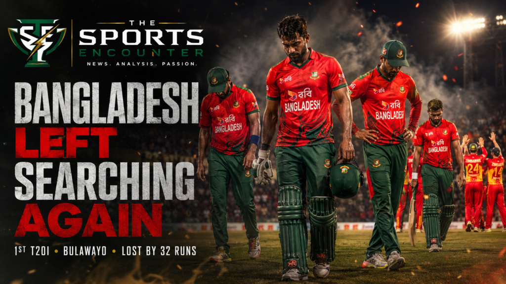 Bangladesh players in red-and-green kits walk off disappointed after losing the 1st T20I to Zimbabwe by 32 runs, with The Sports Encounter logo and dramatic match headline.