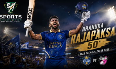 Bhanuka Rajapaksa raises his bat and helmet after reaching a match-winning half-century for Jaffna Kings against Dambulla Sixers in LPL 2026.