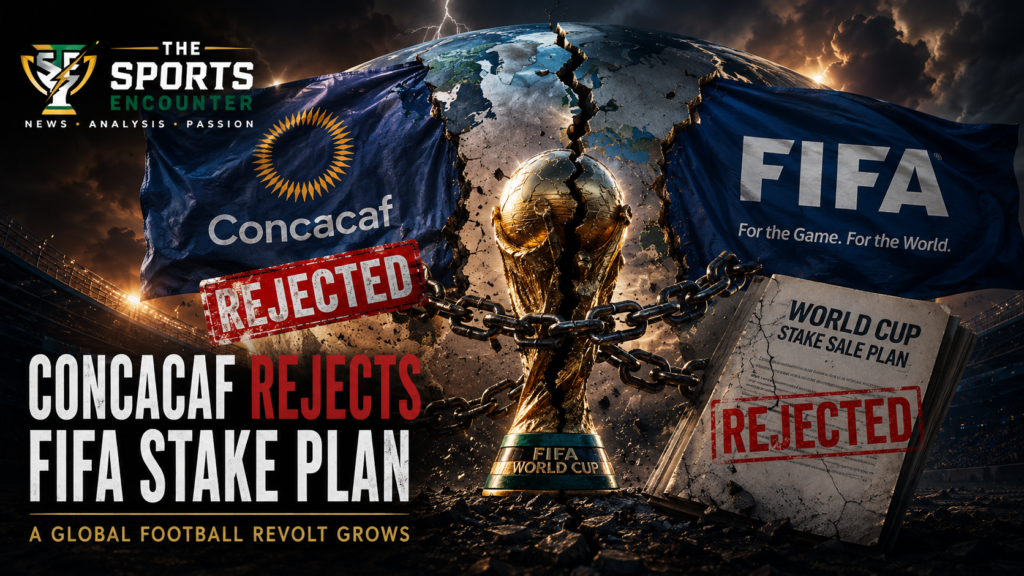 Cinematic VFX-style featured image showing a cracked FIFA World Cup trophy chained at the center beneath a fractured globe as CONCACAF rejects FIFA’s World Cup stake sale proposal. A CONCACAF flag with a red “Rejected” stamp faces a FIFA flag in a storm-lit stadium, with the headline “CONCACAF Rejects FIFA Stake Plan” and the official The Sports Encounter logo in the top-left.