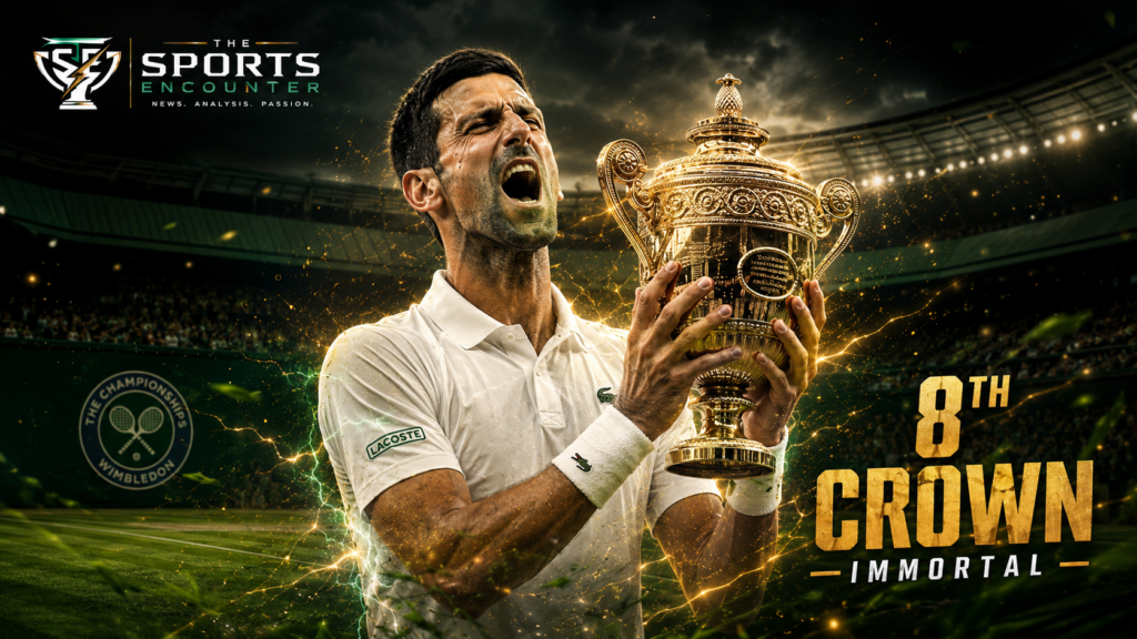 Novak Djokovic celebrates with a golden Wimbledon-style trophy in his hands inside a dramatic grass-court stadium scene, with The Sports Encounter logo and 8th crown theme.