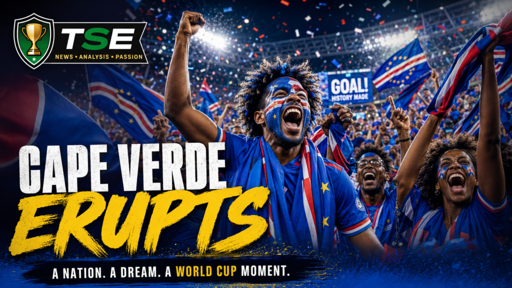 Cape Verde fans erupt in celebration after Sidny Lopes Cabral’s iconic World Cup 2026 goal against Argentina, waving flags under stadium lights with The Sports Encounter logo and the headline “Cape Verde Erupts.”