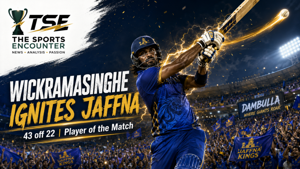 Chamindu Wickramasinghe smashes a six during his 43-run Player of the Match innings for Jaffna Kings as fans celebrate in Dambulla.