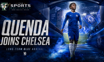 Geovany Quenda walks out of a blue-lit Chelsea stadium tunnel in a Chelsea-style kit, with “Quenda Joins Chelsea” headline and The Sports Encounter logo.