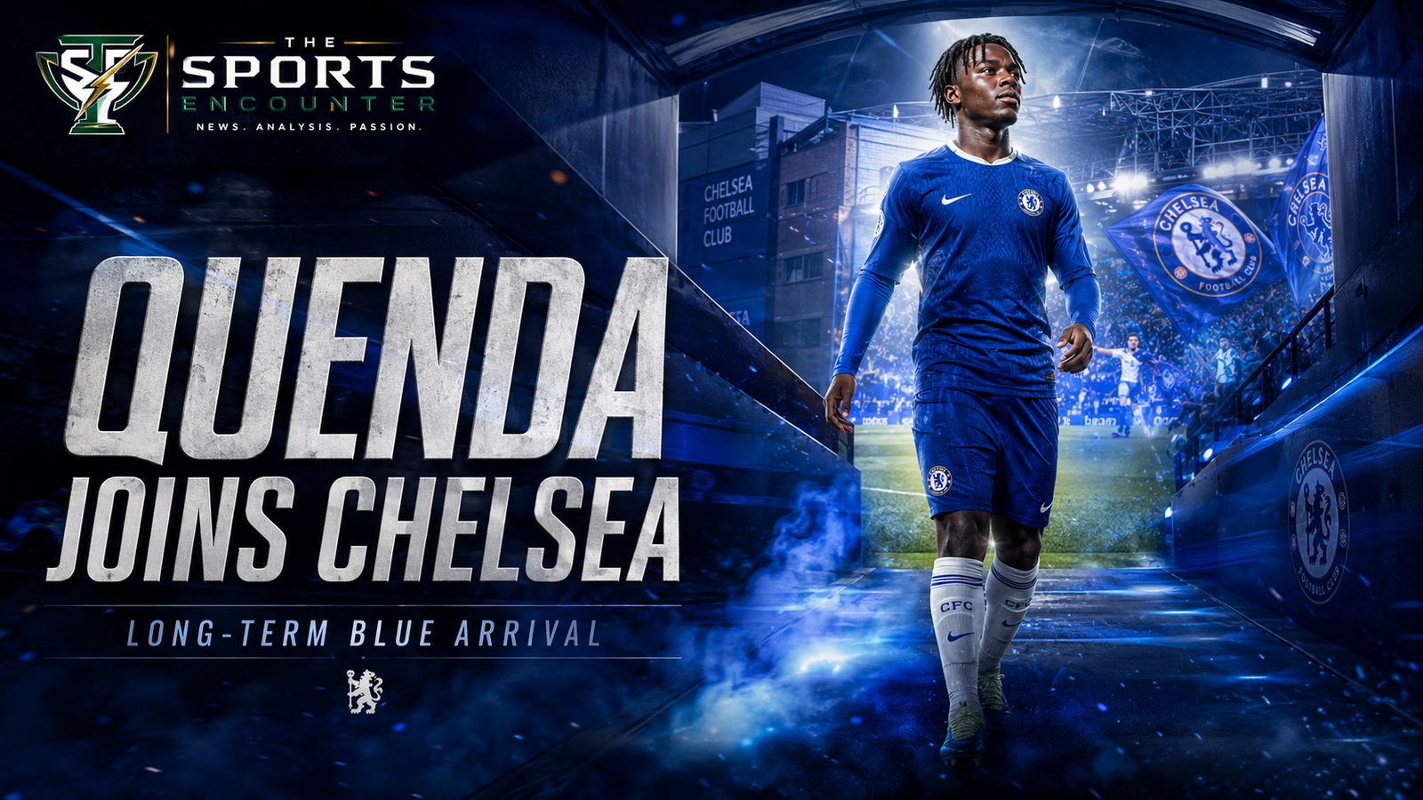 Geovany Quenda walks out of a blue-lit Chelsea stadium tunnel in a Chelsea-style kit, with “Quenda Joins Chelsea” headline and The Sports Encounter logo.