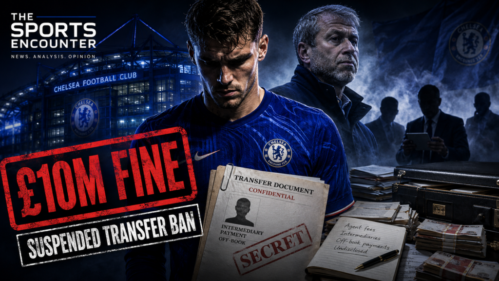 Chelsea player stands in front of Stamford Bridge beside confidential transfer documents and cash as Roman Abramovich appears in the background, illustrating the club’s £10 million fine and suspended transfer ban over undisclosed agent payments.
