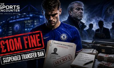Chelsea player stands in front of Stamford Bridge beside confidential transfer documents and cash as Roman Abramovich appears in the background, illustrating the club’s £10 million fine and suspended transfer ban over undisclosed agent payments.