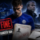 Chelsea player stands in front of Stamford Bridge beside confidential transfer documents and cash as Roman Abramovich appears in the background, illustrating the club’s £10 million fine and suspended transfer ban over undisclosed agent payments.
