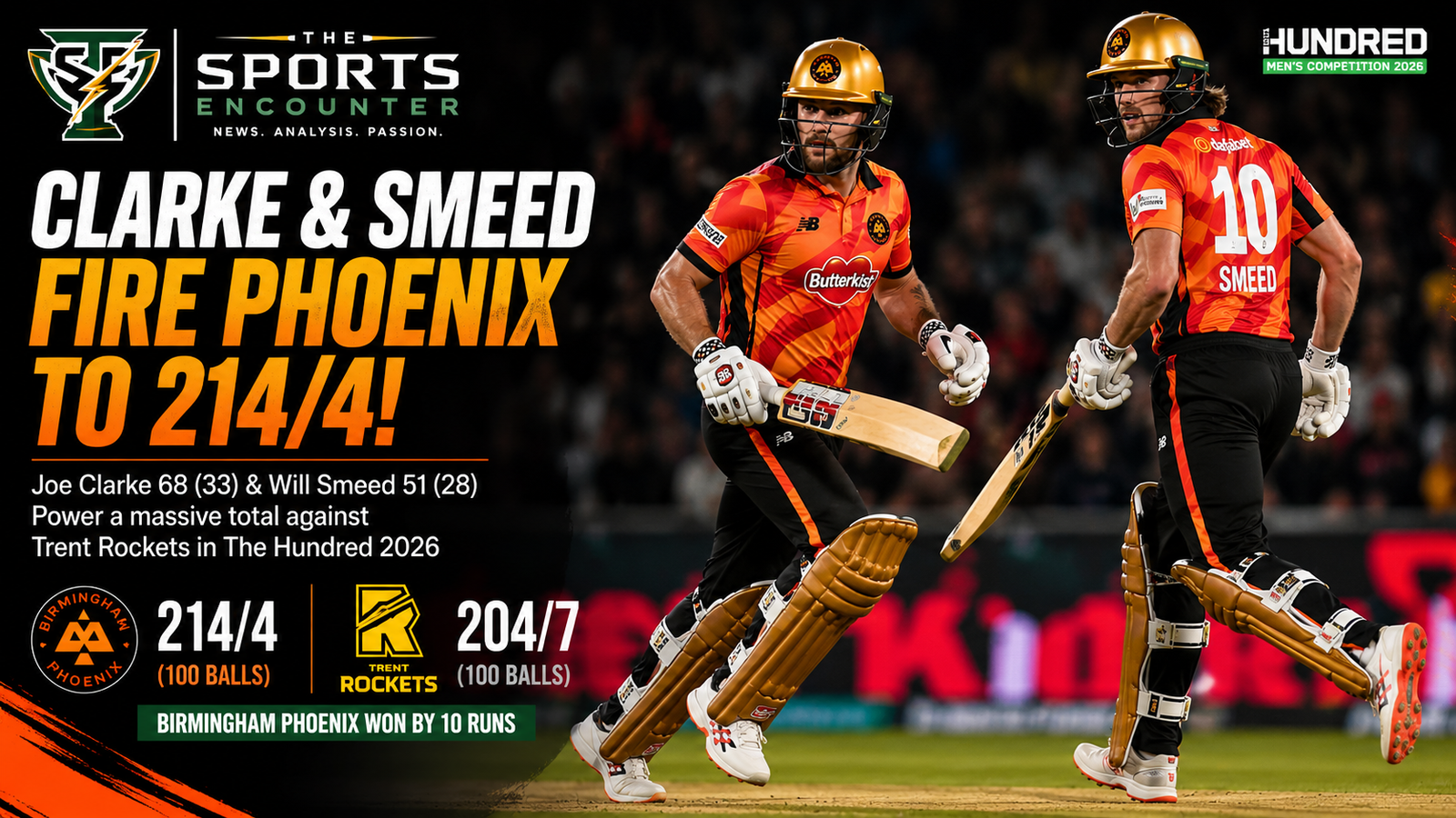 Joe Clarke and Will Smeed run between the wickets during their 104-run opening partnership for Birmingham Phoenix against Trent Rockets at Edgbaston in The Hundred 2026.