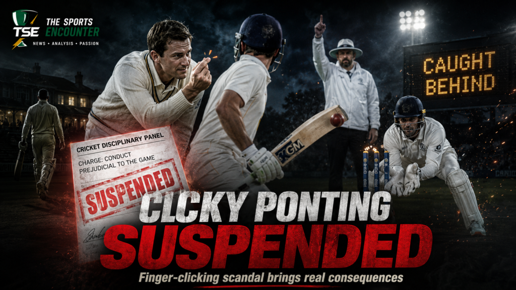 A cricketer makes a suspicious finger-clicking gesture near the batter as an umpire signals a dismissal, illustrating the “Clicky Ponting” scandal and subsequent suspension.