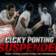A cricketer makes a suspicious finger-clicking gesture near the batter as an umpire signals a dismissal, illustrating the “Clicky Ponting” scandal and subsequent suspension.