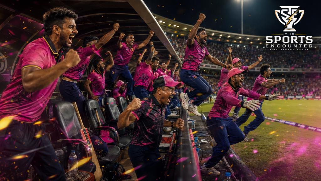 Colombo Kaps players and staff leap from the dugout in celebration after completing a 23-run LPL 2026 victory over Kandy Royals in Dambulla.