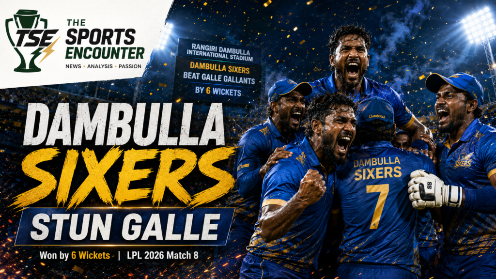 Dambulla Sixers players celebrate passionately after defeating Galle Gallants by six wickets in LPL 2026 Match 8 at Dambulla.