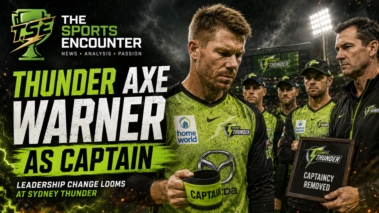 Sydney Thunder management removes David Warner from the captaincy as teammates look on during a tense leadership change.