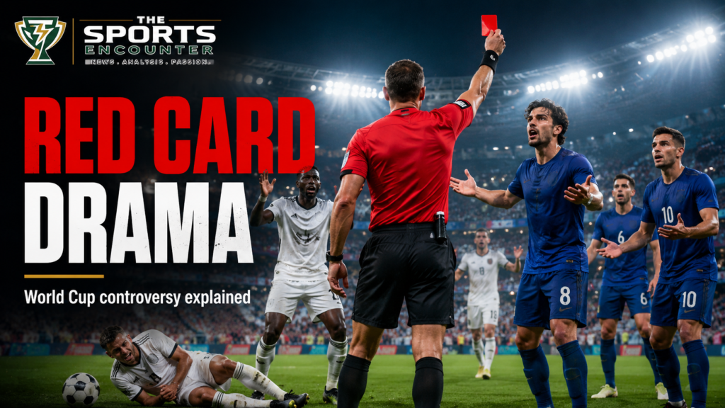 Referee shows a red card to a player during a heated World Cup soccer match as opponents protest the decision, with The Sports Encounter logo and dramatic stadium lighting.