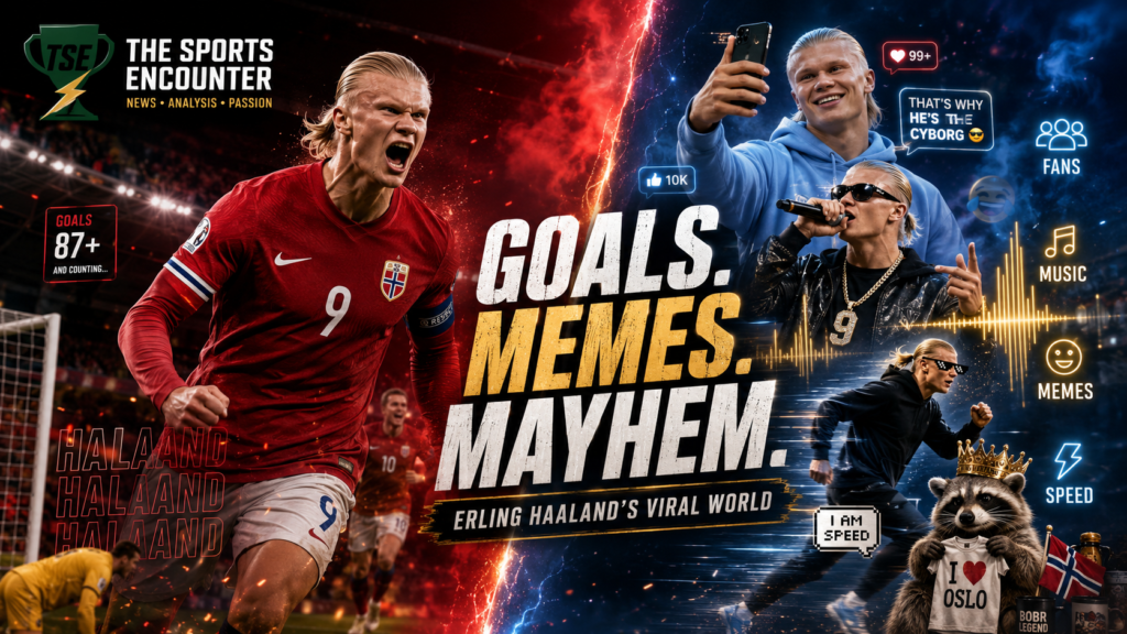 Erling Haaland is shown as a Norway goal scorer alongside his viral alter egos, including rapper, meme runner, social-media personality, and raccoon collector, under the headline “Goals. Memes. Mayhem.”