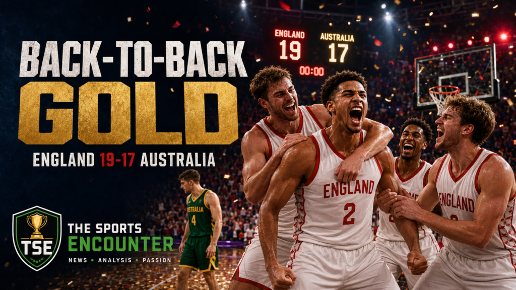 England’s men’s 3x3 basketball team celebrates after defeating Australia 19-17 to win back-to-back Commonwealth Games gold at Glasgow 2026.