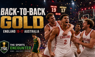 England’s men’s 3x3 basketball team celebrates after defeating Australia 19-17 to win back-to-back Commonwealth Games gold at Glasgow 2026.