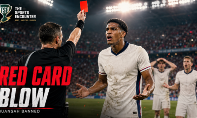 Referee shows a red card to Jarell Quansah as England players react during a dramatic FIFA World Cup 2026 knockout match.