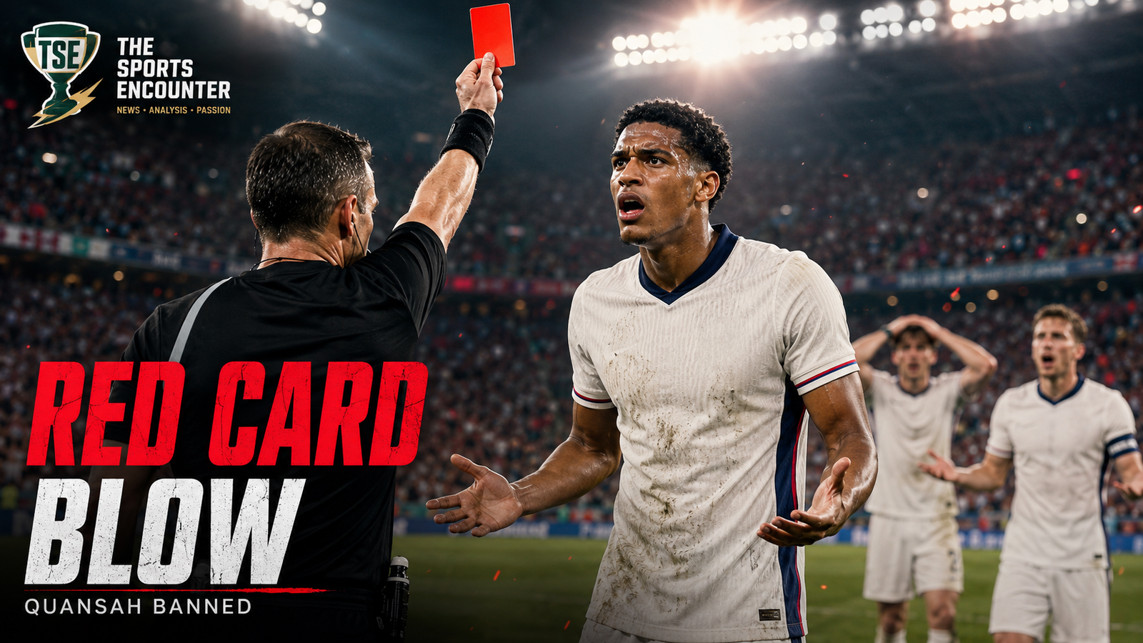 Referee shows a red card to Jarell Quansah as England players react during a dramatic FIFA World Cup 2026 knockout match.