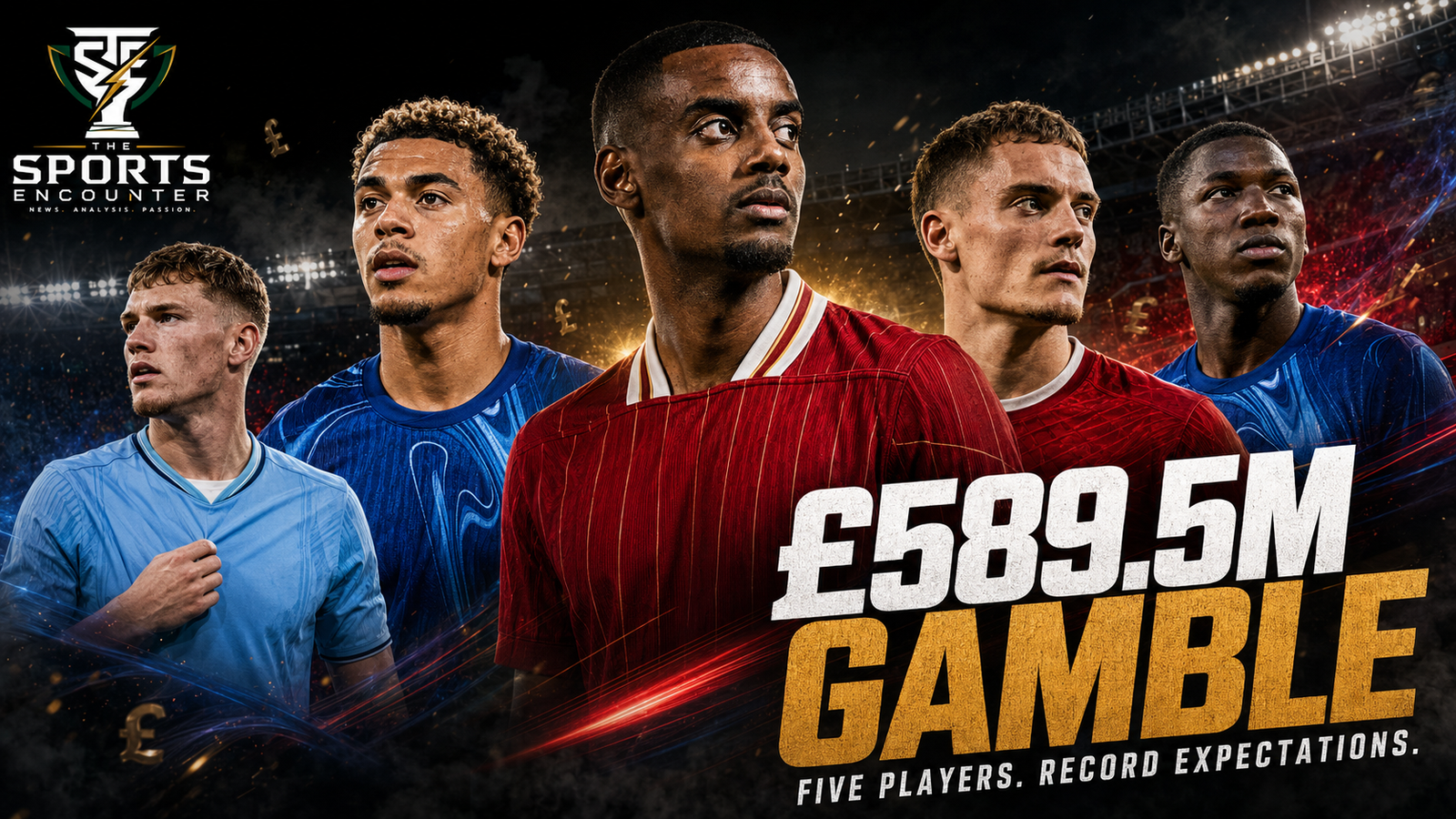 Alexander Isak, Morgan Rogers, Florian Wirtz, Elliot Anderson, and Moisés Caicedo feature in a cinematic poster highlighting the Premier League’s £589.5 million transfer gamble.