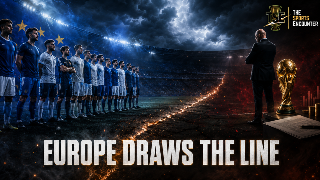 European football representatives confront FIFA’s World Cup investment proposal across a fractured stadium pitch, with the headline “Europe Draws the Line.”