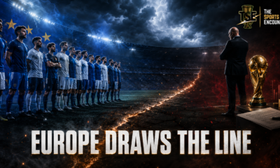 European football representatives confront FIFA’s World Cup investment proposal across a fractured stadium pitch, with the headline “Europe Draws the Line.”