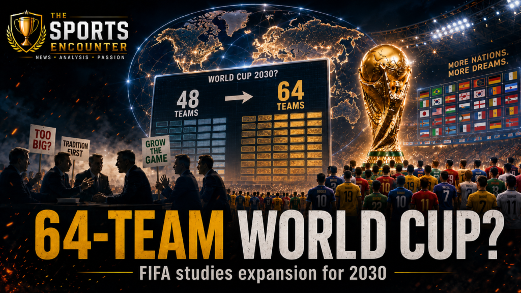 A cinematic World Cup 2030 graphic compares a 48-team format with a proposed 64-team expansion, surrounded by national teams, global flags, the trophy, and contrasting calls to grow or protect the tournament.