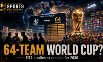 A cinematic World Cup 2030 graphic compares a 48-team format with a proposed 64-team expansion, surrounded by national teams, global flags, the trophy, and contrasting calls to grow or protect the tournament.