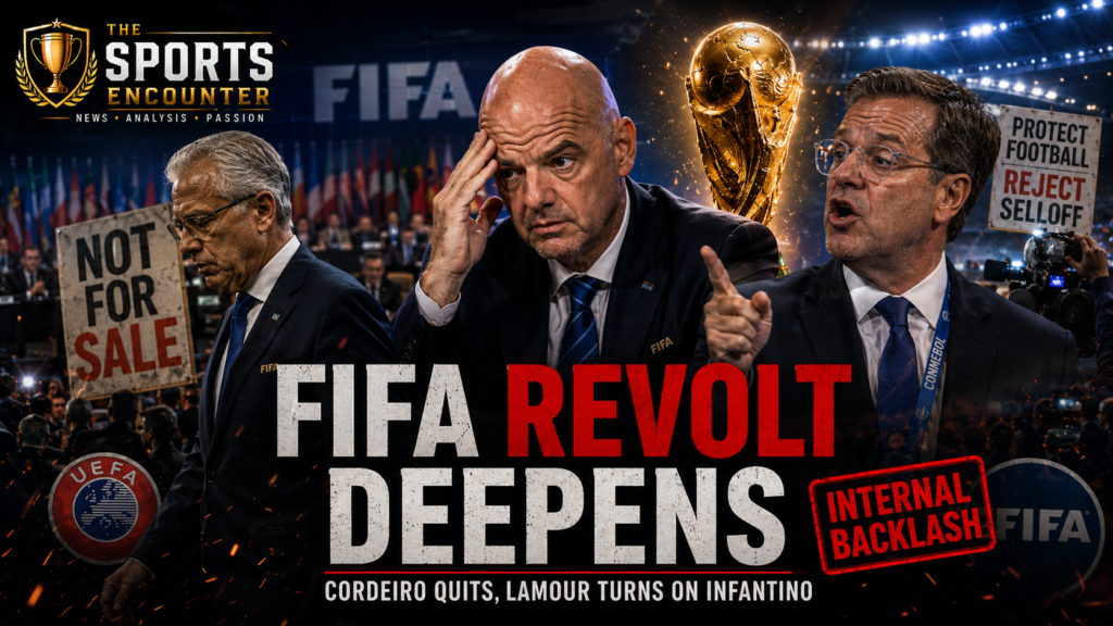 Gianni Infantino faces mounting internal opposition at FIFA as Carlos Cordeiro resigns and Kevin Lamour publicly challenges the proposed World Cup stake sale.