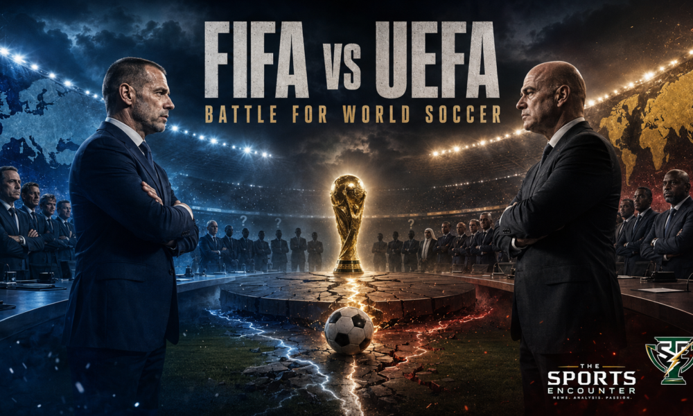 Cinematic FIFA vs UEFA confrontation with rival soccer executives facing off across a fractured pitch as global federation delegates gather around the World Cup trophy.