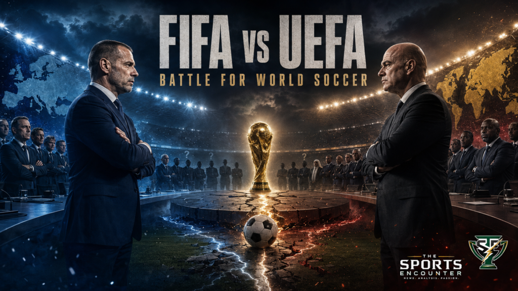 Cinematic FIFA vs UEFA confrontation with rival soccer executives facing off across a fractured pitch as global federation delegates gather around the World Cup trophy.