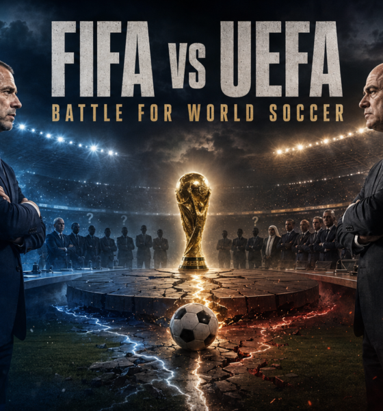 Cinematic FIFA vs UEFA confrontation with rival soccer executives facing off across a fractured pitch as global federation delegates gather around the World Cup trophy.
